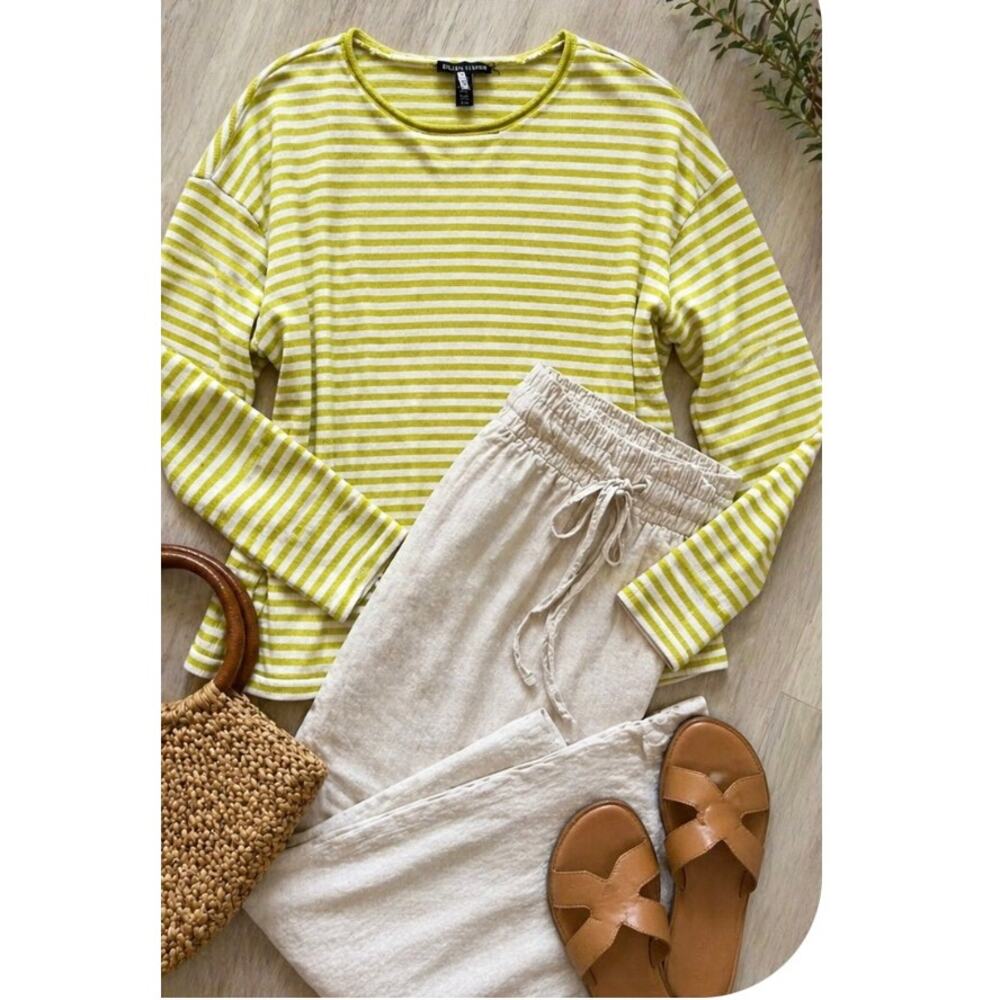 Eileen Fisher 100% Merino Wool Striped Sweater Sz L Green Ivory Soft Knit Luxe
